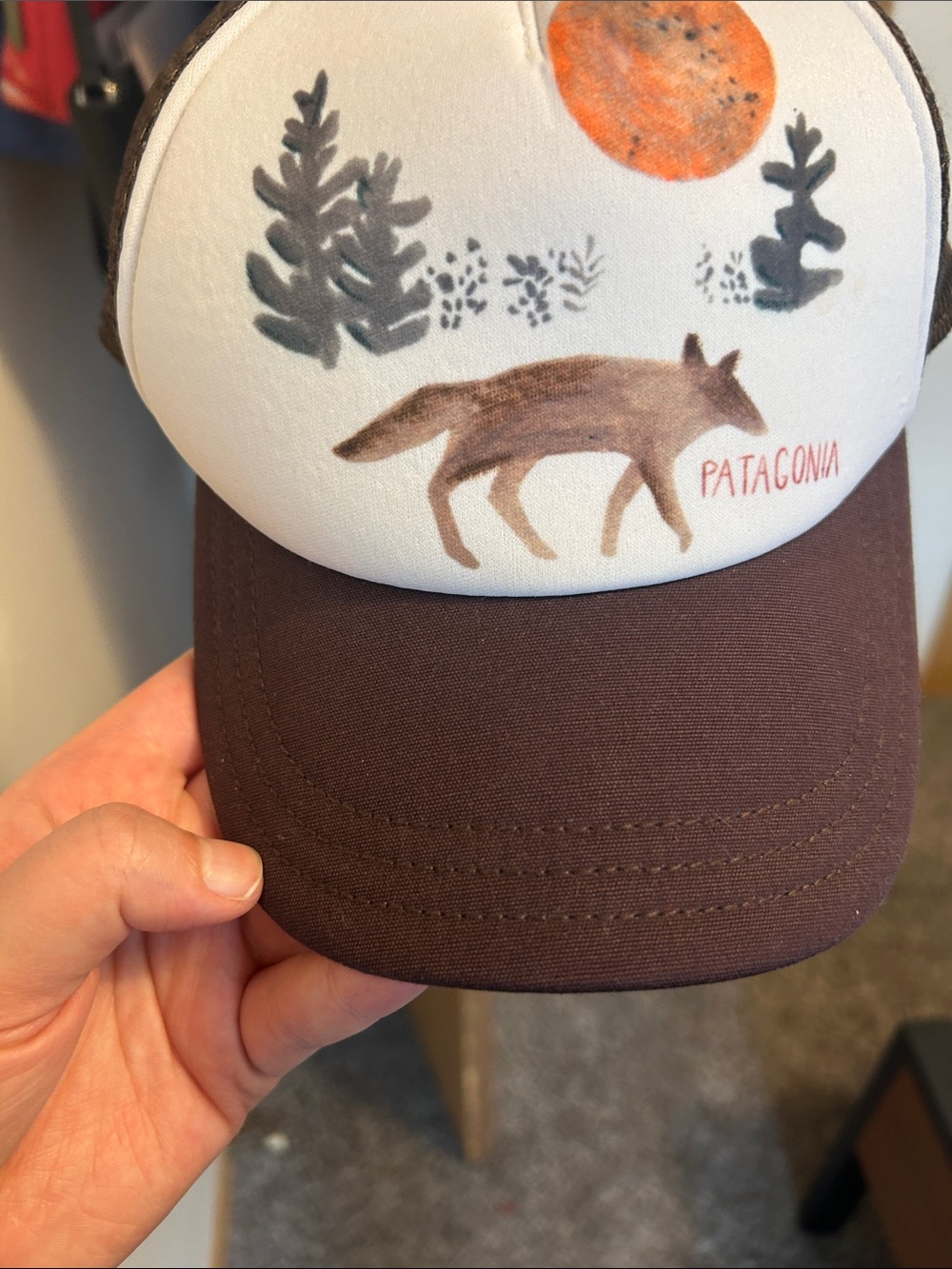 Patagonia Cream and Burgundy Brown Trucker Hat with Fox and Orange Moon - Picture 5 of 6